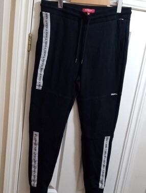 TAKE EXTRA 50% OFF>>GUESS Black Jogger Pants with White Logo Tape
